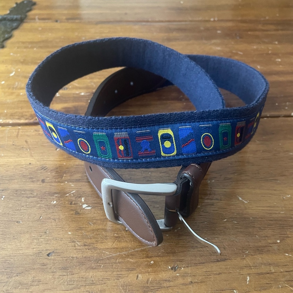 Tommy Bahama Ribbon Leather Belt Mens Medium M 34 36 Blue Beer Can Party Preppy
